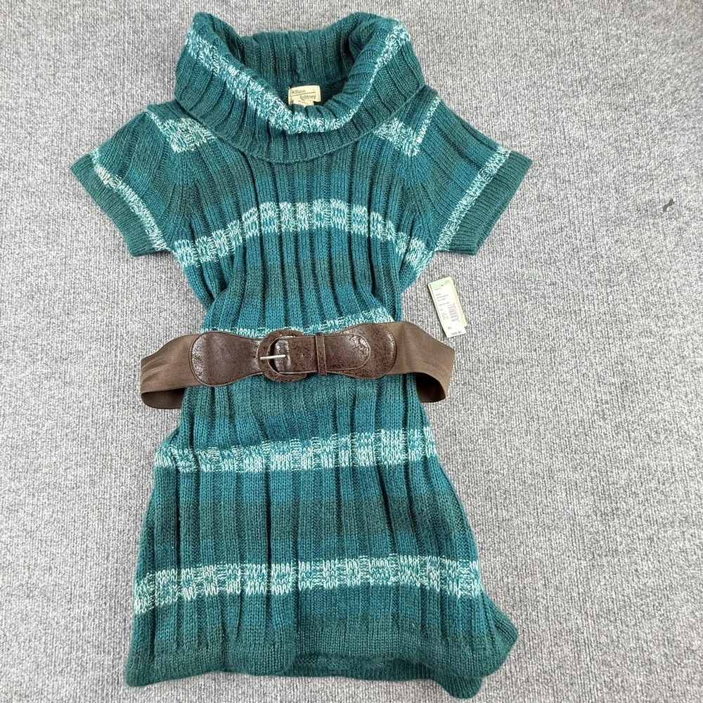 Allison Brittney Sweater Dress Womens XL Green Striped Cowl Neck Belted Knit